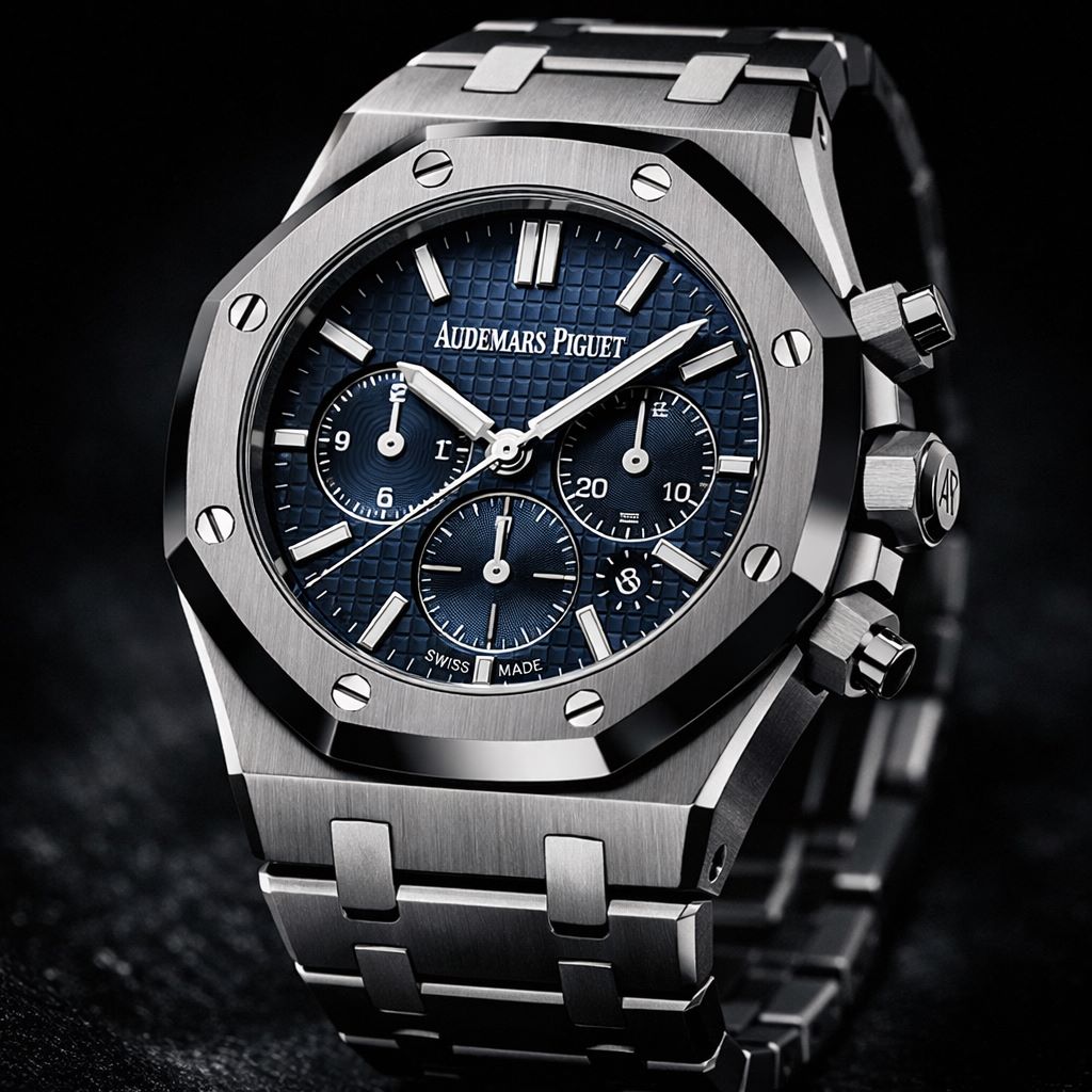 audemars piguet royal oak luxury watch blue dial stainless steel close up swiss watch