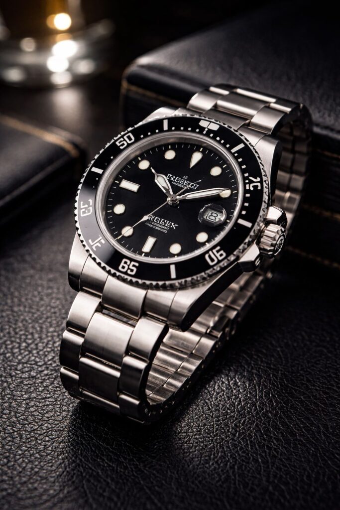 luxury watch under $5000 stainless steel black dial close-up