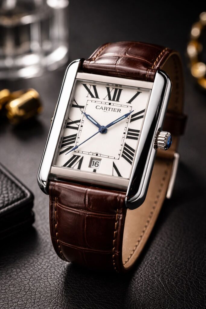 cartier tank luxury watch rectangular dial brown leather strap close up swiss watch