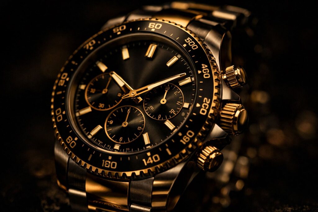 luxury gold black wrist watch close up cinematic lighting premium chronograph