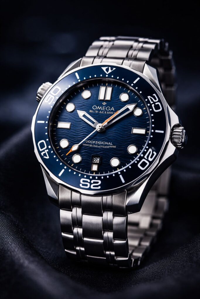 omega seamaster luxury watch blue dial stainless steel close up premium swiss watch