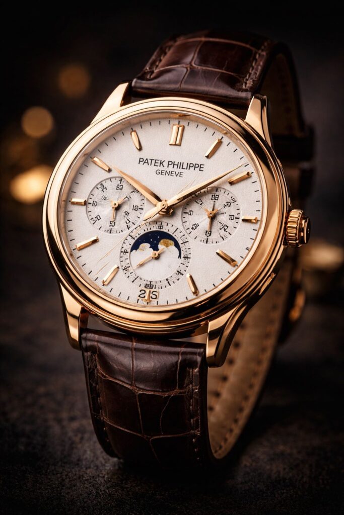 patek philippe luxury watch gold case brown leather strap close up swiss watch