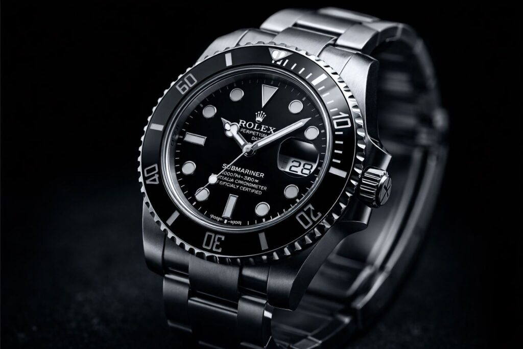 luxury rolex submariner watch close up black dial stainless steel premium wristwatch