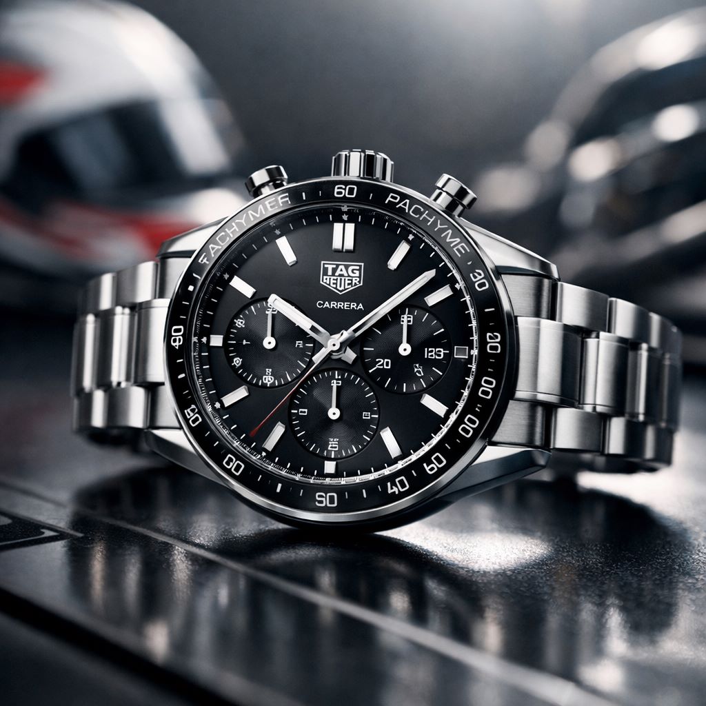 Tag Heuer Carrera luxury watch close-up with black dial and stainless steel bracelet